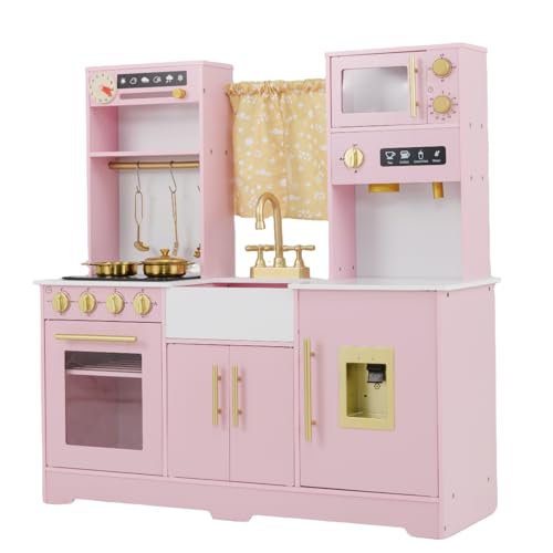 DREAMADE Kinderküche aus Holz mit Zubehör, Kinder Küche Kinderspielküche mit Kaffeemaschine Herd Ofen, Koch Pretend-Spielset Spielküche mit Licht und Sound für Kinder ab 3 Jahren (Rosa) von DREAMADE