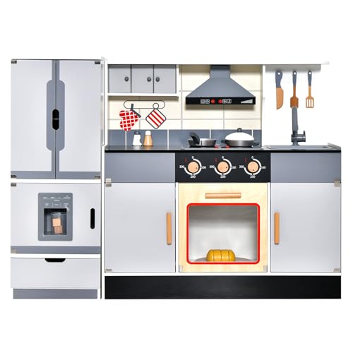 DREAMADE Kinderküche mit 14 TLG. Zubehör, Holzküche Kinderspielküche Waschbecken Herd Backofen und trennbarem Kühlschrank, Spielküche aus Holz für Kinder ab 3 Jahren von DREAMADE