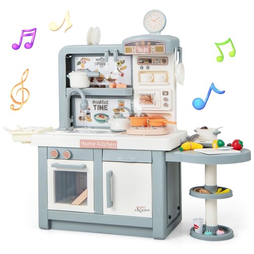 DREAMADE Kinderküche mit 49 TLG. Zubehör, Kinderspielküche mit Herd Spüle Ofen Kaffeemaschine, Spielküche mit Licht & Sound & Dampf-Effekt für Kinder ab 3 Jahren (Grau) von DREAMADE