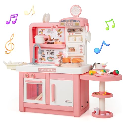 DREAMADE Kinderküche mit 49 TLG. Zubehör, Kinderspielküche mit Herd Spüle Ofen Kaffeemaschine, Spielküche mit Licht & Sound & Dampf-Effekt für Kinder ab 3 Jahren (Rosa) von DREAMADE