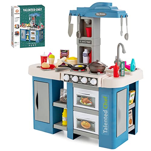 DREAMADE Kinderküche mit 67-teiliges Zubehör, Kinder Küche mit Dampfeffekten & Wasserzirkulation, Spielküche mit Licht und Sound für Kinder ab 3 Jahren (Blau) von DREAMADE