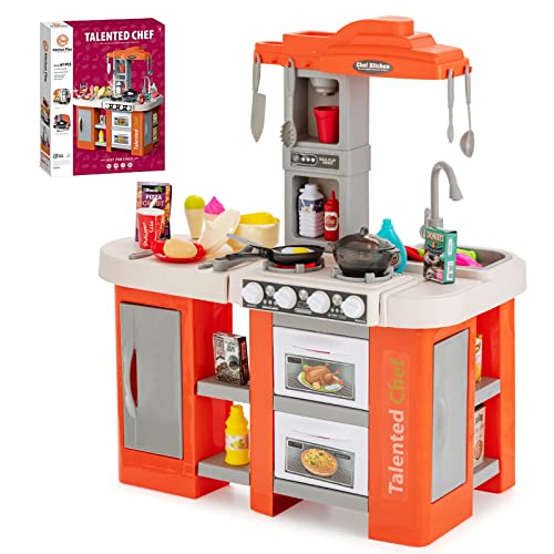 DREAMADE Kinderküche mit 67-teiliges Zubehör, Kinder Küche mit Dampfeffekten & Wasserzirkulation, Spielküche mit Licht und Sound für Kinder ab 3 Jahren (Orange) von DREAMADE