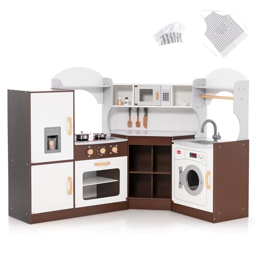 DREAMADE Kinderküche mit Licht und Sound, Kinder Küche Eckküche aus Holz mit Herd Spüle Backofen Waschmaschiene, Spielküche mit 14 TLG. Spielzubehör für Kinder ab 3 Jahren (Braun) von DREAMADE