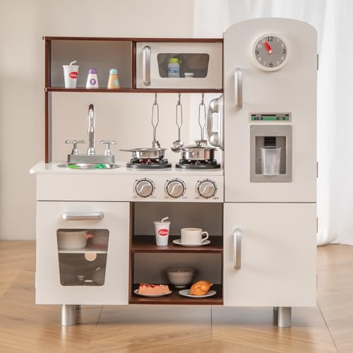 DREAMADE Kinderküche mit Licht und Sound, Kinder Spielzeugküche mit Spüle Herd Mikrowelle Kühlschrank Backofen, Kinderspielküche, Spielküche aus Holz mit Zubehör für Kinder ab 3 Jahren (Weiß + Braun) DREAMADE Kinderküche mit Licht und Sound, Kinder Spielzeugküche mit Spüle Herd Mikrowelle Kühlschrank Backofen, Kinderspielküche, Spielküche aus Holz mit Zubehör für Kinder ab 3 Jahren (Weiß + Braun) von DREAMADE