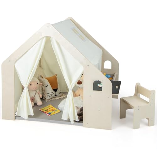 DREAMADE Kinderzelt für Drinnen mit Matte und Kindertisch & Stuhl Set und Aufbewahtungsbox, Spielzelt Kinderspielhaus, Indoor Spielhaus aus Holz für Kinder ab 2 Jahren (Klein mit 1 Box) von DREAMADE