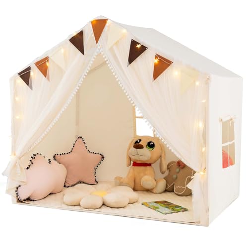 DREAMADE Kinderzelt für Drinnen mit Matte und Lichtern Flaggenbanner, Prinzessin Spielzelt Kuschelecke Kinderzimmer Dekor, Kinder Spielhaus Indoor für Jungen und Mädchen ab 3 Jahren (Beige) von DREAMADE