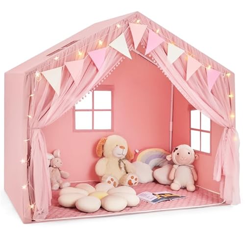DREAMADE Kinderzelt für Drinnen mit Matte und Lichtern Flaggenbanner, Prinzessin Spielzelt Kuschelecke Kinderzimmer Dekor, Kinder Spielhaus Indoor für Jungen und Mädchen ab 3 Jahren (Rosa) von DREAMADE