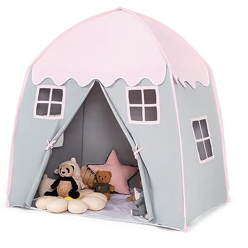 DREAMADE Kinderzelt für Jungs & Mädchen, Spielhaus mit Fenstern & Tragetasche, Prinzessin Schloss Zelt, Spielzelt für drinnen & draußen 143x100x155cm Rosa von DREAMADE