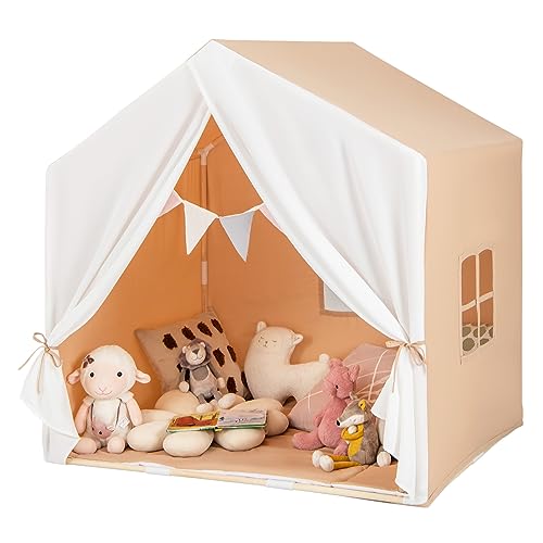 DREAMADE Kinderzelt für drinnen mit Matte und Girlande, Kinder Spielhaus Indoor mit Fenstern & Vorhang, Tipi Zelt, Kinder Spielzelt mit Massivholzrahmen für Jungen und Mädchen (Hellbraun + Weiß) von DREAMADE