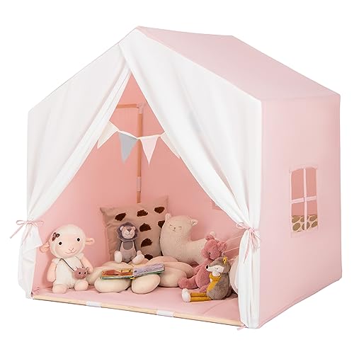 DREAMADE Kinderzelt für drinnen mit Matte und Girlande, Kinder Spielhaus Indoor mit Fenstern & Vorhang, Tipi Zelt, Kinder Spielzelt mit Massivholzrahmen für Jungen und Mädchen (Rosa + Weiß) von DREAMADE