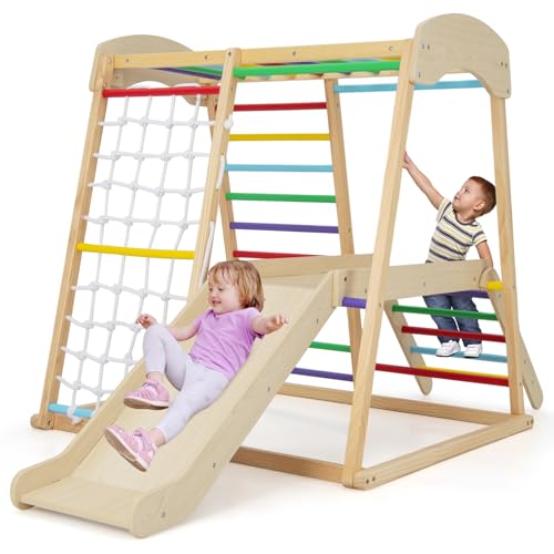 DREAMADE Klettergerüst Indoor Kletterspielzeug mit Rutsche Kletterleiter Kletternetz Affenstange, Spielturm Spielplatz Montessori Kletterdreieck aus massivem Kiefernholz für Kinder ab 1 Jahr (Bunt) von DREAMADE