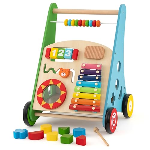 DREAMADE Lauflernwagen Holz, Lauflernhilfe ab 1 Jahr, Baby Gehhilfe mit Spiegel & Spielzeug, Gehfrei Baby Holzspielzeug für Jungen & Mädchen (Modell 3-Blau) von DREAMADE