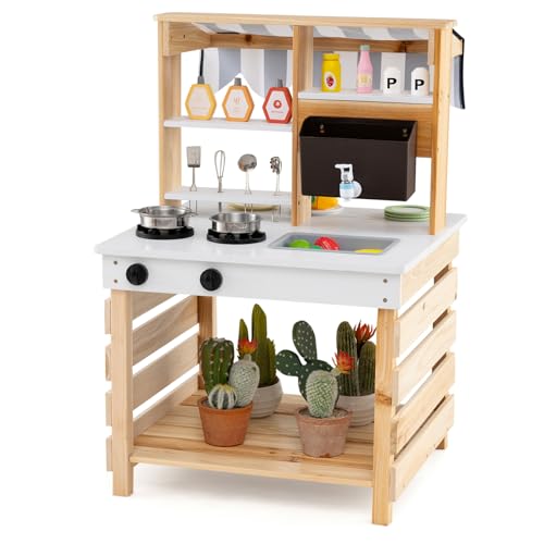 DREAMADE Matschküche Kinder Outdoor, Outdoorküche aus Tannenholz mit abnehmbarem Waschbecken & Wassertank & Herd, doppelseitige Spielküche Kinderküche mit 6 tlg. Zubehör für Kinder ab 3 Jahren (Natur) DREAMADE Matschküche Kinder Outdoor, Outdoorküche aus Tannenholz mit abnehmbarem Waschbecken & Wassertank & Herd, doppelseitige Spielküche Kinderküche mit 6 tlg. Zubehör für Kinder ab 3 Jahren (Natur) von DREAMADE