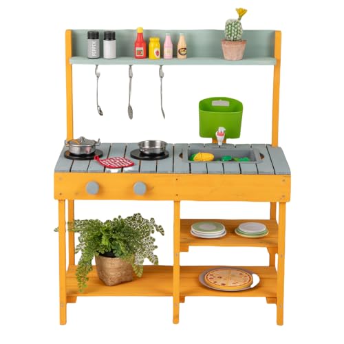 DREAMADE Matschküche Kinder Outdoor, Outdoorküche mit Wassertank und Wasch, Kinder Outdoor-Küche Spielset, Kinderküche aus Tannenholz für Jungen und Mädchen (Orange) von DREAMADE