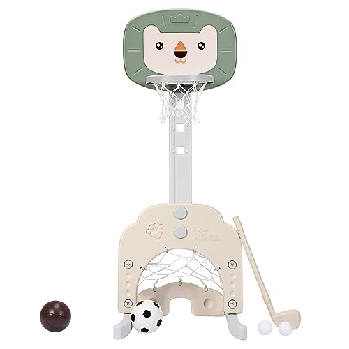 DREAMADE Mini Basketballkorb Kinder, 77-116 cm höhenverstellbarer Basketballständer mit Fußballkorb & Golf inkl. Bälle & Golf, 3 in 1 Indoor Spielplatz für Kleinkinder ab 3 Jahren (Grün) von DREAMADE