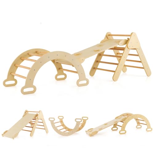 DREAMADE Montessori Kletterdreieck mit Kletterbogen und Rutsche, Holzdreieck für Kleinkinder ab 1 Jahre, Kletterspielzeug, Indoor Klettergerüst Rutschen und Klettern (Natur) von DREAMADE