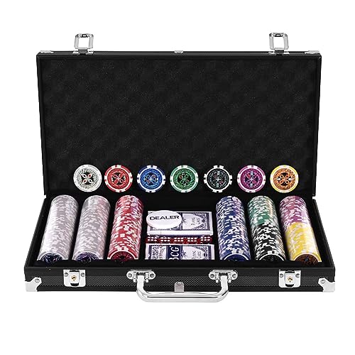 DREAMADE Poker-Set mit 300 Poker Chips, Pokerset Koffer Profi,Pokerkoffer aus Alu, Pokerspiel mit 1 Dealer Button, 5 Würfel und 2 Kartendecks (Schwarz) von DREAMADE