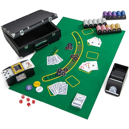 DREAMADE Pokerkoffer mit 300 Laser Poker Chips/ 2 Pokerkarten Set/Kartenmischer/Kartengeber/Spielmatte/ 5 Würfel/ 3 Dealer-Buttons, Poker Komplett Set Pokerset Profi Texas Hold'em (300 Chips) von DREAMADE