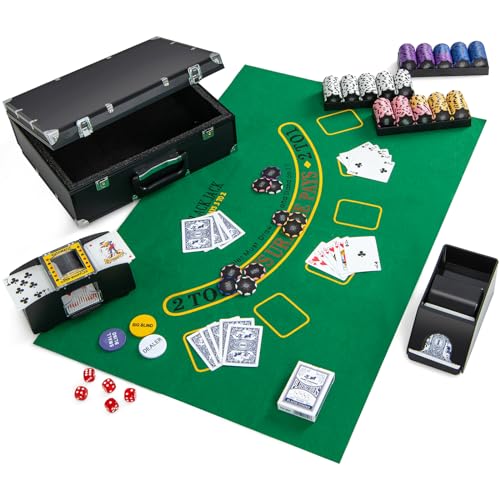 DREAMADE Pokerkoffer mit 300 Laser Poker Chips/ 2 Pokerkarten Set/Kartenmischer/Kartengeber/Spielmatte/ 5 Würfel/ 3 Dealer-Buttons, Poker Komplett Set Pokerset Profi Texas Hold'em (300 Chips) von DREAMADE