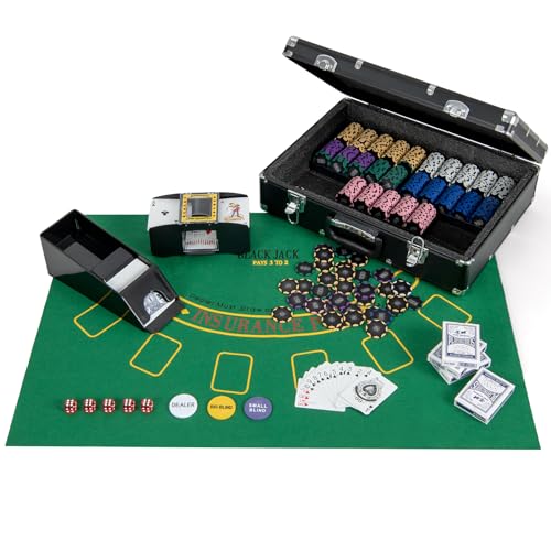 DREAMADE Pokerkoffer mit 600 Laser Poker Chips/ 6 Pokerkarten Set/Kartenmischer/Kartengeber/Spielmatte/ 5 Würfel/ 3 Dealer-Buttons, Poker Komplett Set Pokerset Profi Texas Hold'em (600 Chips) von DREAMADE
