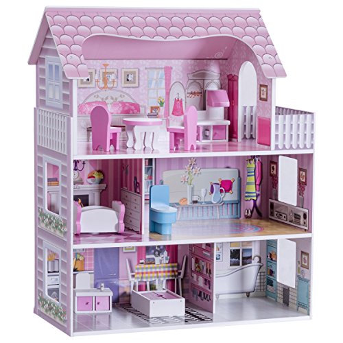 DREAMADE Puppenhaus Holz, Holzpuppenhaus mit Zubehör und Möbel, Dollhouse Puppenhaus Puppen für Kinder (Modell 1) von DREAMADE