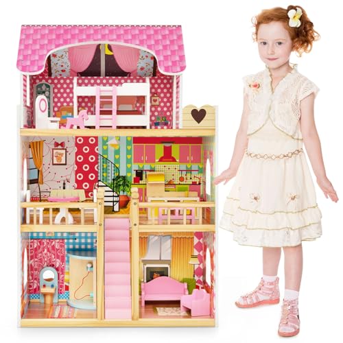 DREAMADE Puppenhaus Holz, Holzpuppenhaus mit Zubehör und Möbel, Dollhouse Puppenhaus Puppen für Kinder (Modell 2) von DREAMADE