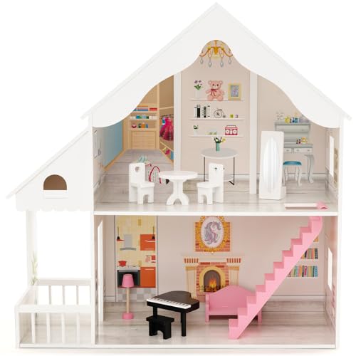 DREAMADE Puppenhaus Holz, halboffenes Holztraumhaus mit simulierten Räumen & komplettem Spielzubehör, Dollhouse Spielzeug für Puppen unter 36 cm, Puppenvilla Puppenstube für Kinder ab 3 Jahre, Weiß von DREAMADE