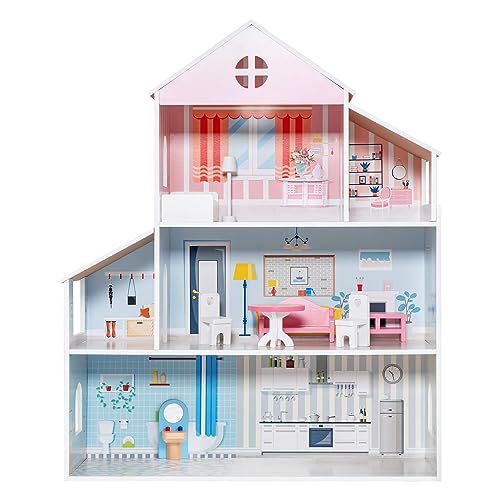 DREAMADE Puppenhaus aus Holz mit Möbeln und Zubehör, Spielset mit 3 Spielebenen, doll House, Puppen Haus Spielzeug für Kinder 3-7 Jahre von DREAMADE