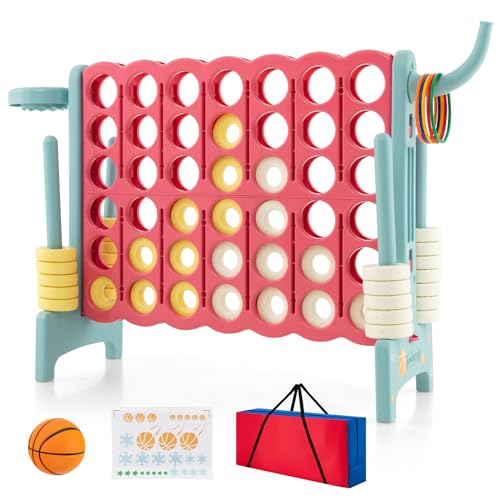 DREAMADE Riesiges 4 Gewinnt Spiel mit Basketballkorb und Wurfspiel, Strategiespiel für Kinder und Erwachsene, 4 in Einer Reihe, Brettspiel Spielzeug,Vier in Reihespiel Kinderspiel (Rosa+Blau-Rahmen) von DREAMADE