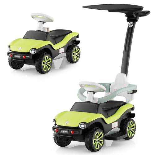 DREAMADE Rutschauto für Kinder, Volkswagen Rutscher mit 3-stufig Verstellbarem Schiebegriff, Verdeck, Geländer, Scheinwerfer, Hupe & Musik, 3-in-1 Rutschfahrzeug für Kinder 1-3 Jahren von DREAMADE