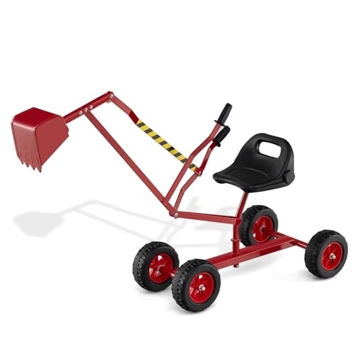 DREAMADE Sandbagger für Kinder, Aufsitzbagger mit 360° drehbarem Sitz, flexiblem Schaufelarm, ergonomischer Rückenlehne & 4 Räder, Sitzbagger für Kinder ab 3 Jahren (Rot) von DREAMADE