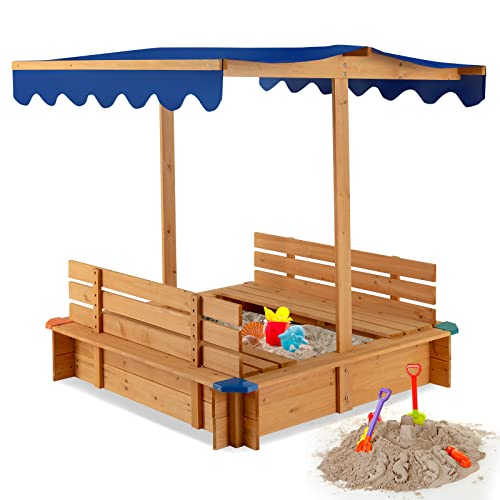 DREAMADE Sandkasten 120 x 120 cm, Sandkasten aus Holz mit Dach & 2 abnehmbaren Sitzbänken, viereckiger Tannenholz-Sandkiste, Kinderspielplatz für Garten, Zuhause, Strand von DREAMADE