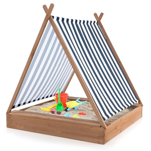 DREAMADE Sandkasten 124 x 123 x 134 cm, Kinder Sandkasten aus Tannenholz mit Überdachung, Sandkiste mit Zeltdach, 2 Sitzbänken & offenem Boden, Sandkasten groß für Hinterhof, Strand, Garten von DREAMADE
