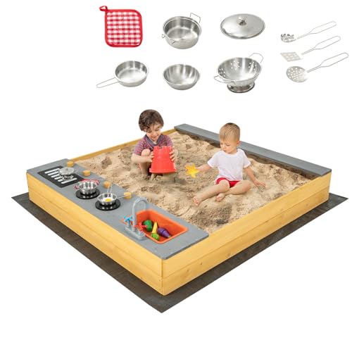 DREAMADE Sandkasten 135 x 125 x 20 cm, Outdoor-Sandkiste aus Tannenholz mit Bodenauskleidung & 9 Kochutensilien, kreativem Kochbereich & Sitzbank, Sandkasten groß für Hinterhof, Strand, Garten DREAMADE Sandkasten 135 x 125 x 20 cm, Outdoor-Sandkiste aus Tannenholz mit Bodenauskleidung & 9 Kochutensilien, kreativem Kochbereich & Sitzbank, Sandkasten groß für Hinterhof, Strand, Garten von DREAMADE