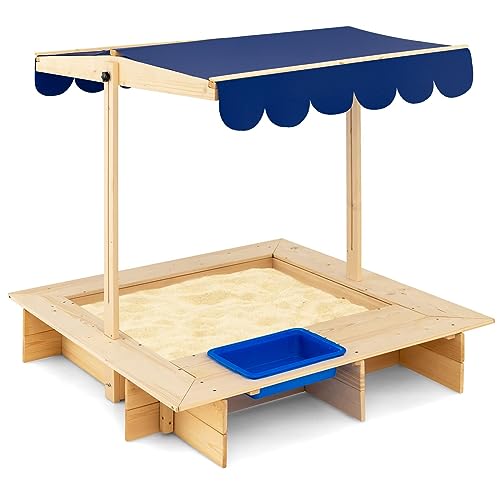 DREAMADE Sandkasten Sandbox mit absenkbarem Dach, Sandkiste aus Holz mit seitlichem Waschbecken und Sitzbank, für Garten Strand Outdoor 115x115x121cm von DREAMADE