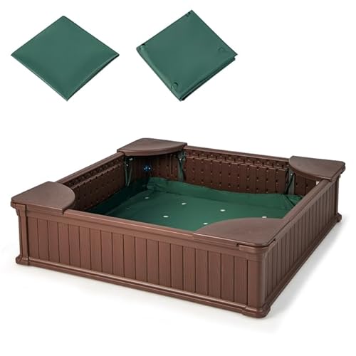 DREAMADE Sandkasten mit Abdeckung und Bodenplane, Sandbox mit Sitzecken, Sandkiste für Kinder für Garten Outdoor (Quadrat) von DREAMADE