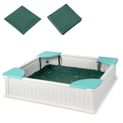 DREAMADE Sandkasten mit Abdeckung und Bodenplane, Sandbox mit Sitzecken, Sandkiste für Kinder für Garten Outdoor (Quadrat-Weiß) von DREAMADE