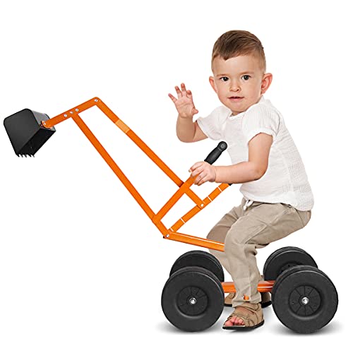 DREAMADE Sitzbagger Metall, Bagger zum draufsitzen mit 360°drehbarem Sitz & 4 Rädern, Sandkasten Aufsitzbagger, Sandspielzeug, Sandbagger für Kinder ab 3 Jahren (Orange) von DREAMADE