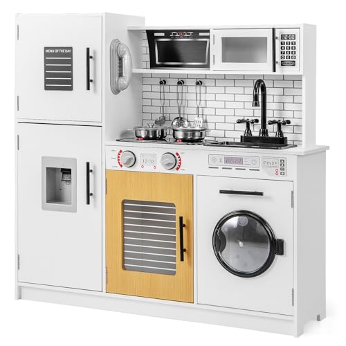 DREAMADE Spielküche Kinderküche Holz mit Zubehör, Holzküche Kinderspielküche mit Herd Ofen Wasserspender Waschmaschine Telefon, Kinder Küche mit Licht und Geräuschen für Kinder ab 3 Jahren Weiß DREAMADE Spielküche Kinderküche Holz mit Zubehör, Holzküche Kinderspielküche mit Herd Ofen Wasserspender Waschmaschine Telefon, Kinder Küche mit Licht und Geräuschen für Kinder ab 3 Jahren Weiß von DREAMADE