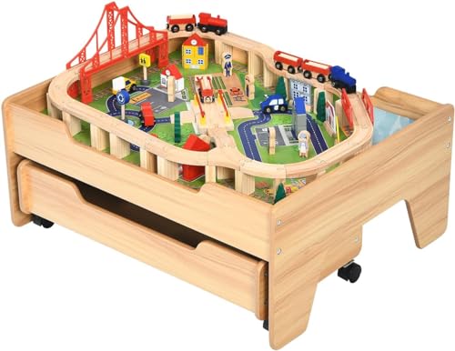 DREAMADE Spieltisch aus Holz, 100-teiliges Eisenbahn-Set, Holzeisenbahn mit Schienen, umkehrbarer & abnehmbarer Tischplatte, großer Aufbewahrungsschublade, Spielzeug für Kinder ab 3 Jahre (100-teilig) DREAMADE Spieltisch aus Holz, 100-teiliges Eisenbahn-Set, Holzeisenbahn mit Schienen, umkehrbarer & abnehmbarer Tischplatte, großer Aufbewahrungsschublade, Spielzeug für Kinder ab 3 Jahre (100-teilig) von DREAMADE