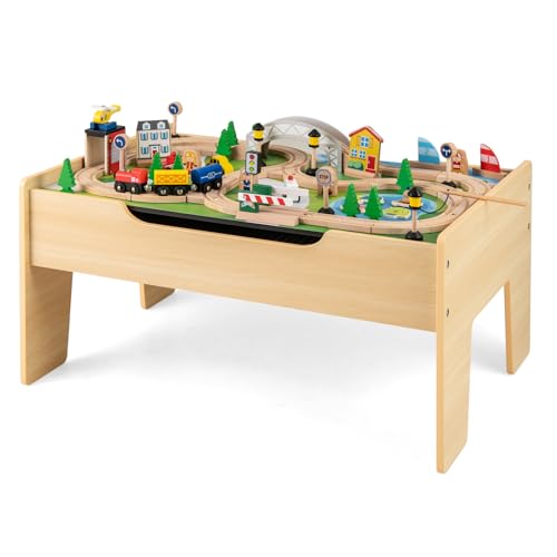 DREAMADE Spieltisch aus Holz, 78/80/84/100-teiliges Eisenbahn-Set, Holzeisenbahn mit Schienen, umkehrbarer & Abnehmbarer Tischplatte, großer Aufbewahrungsschublade, Spielzeug für Kinder ab 3 Jahre DREAMADE Spieltisch aus Holz, 78/80/84/100-teiliges Eisenbahn-Set, Holzeisenbahn mit Schienen, umkehrbarer & Abnehmbarer Tischplatte, großer Aufbewahrungsschublade, Spielzeug für Kinder ab 3 Jahre von DREAMADE