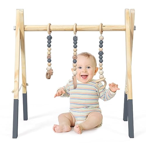 DREAMADE Spieltrapez aus Holz, Motorikspielzeug für Babys, Spielbogen mit 3 Spielzeugringe & 2 Kleinen Tiermodellen, Aktivitätszentrum mit Dreieckigen Struktur, für Kinderzimmer (Grau) von DREAMADE