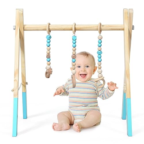 DREAMADE Spieltrapez aus Holz, Motorikspielzeug für Babys, Spielbogen mit 3 Spielzeugringe & 2 Kleinen Tiermodellen, Aktivitätszentrum mit Dreieckigen Struktur, für Kinderzimmer (Grün) von DREAMADE