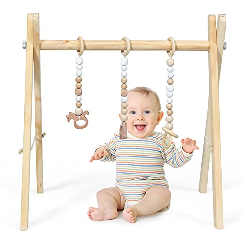 DREAMADE Spieltrapez aus Holz, Motorikspielzeug für Babys, Spielbogen mit 3 Spielzeugringe & 2 Kleinen Tiermodellen, Aktivitätszentrum mit Dreieckigen Struktur, für Kinderzimmer (Natur) von DREAMADE