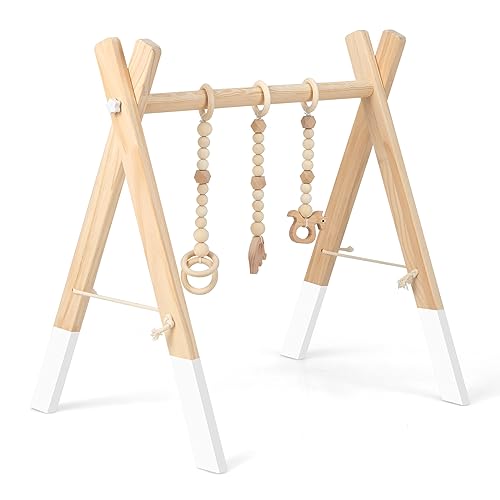 DREAMADE Spieltrapez aus Holz, Motorikspielzeug für Babys, Spielbogen mit 3 Spielzeugringe & 2 Kleinen Tiermodellen, Aktivitätszentrum mit Dreieckigen Struktur, für Kinderzimmer (Weiß) von DREAMADE