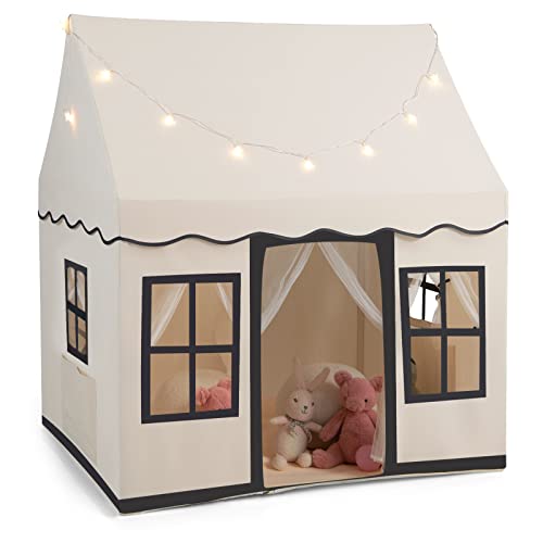 DREAMADE Spielzelt für Kinder mit Lichterkette und gepolsterter Matte, Tipi Zelt, Kinder Spielhaus mit Fenstern, Kinderzelt für Jungs und Mädchen, für Indoor und Outdoor (Beige + Schwarz) von DREAMADE