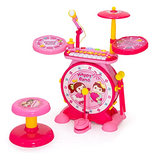 DREAMADE Spielzeug Trommel Set, Schlagzeug mit Keyboard Kinder ab 3 Jahre, Schlagzeugset mit Mirkfon, 2 Trommelstöcken, Lichter & 16 Funktionstsaten (Rosa) von DREAMADE