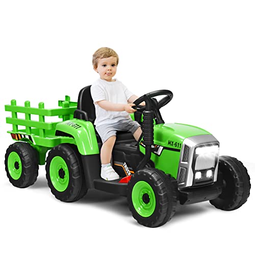 DREAMADE Traktor mit Abnehmbarem Anhänger, Elektrotraktor mit LED-Licht & Musik & Fernbedienung, Kindertraktor mit max. Tragfähigkeit von 30 kg, Aufsitztraktor für Kinder ab 3 Jahren (Grün) von DREAMADE