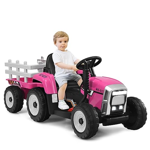 DREAMADE Traktor mit Abnehmbarem Anhänger, Elektrotraktor mit LED-Licht & Musik & Fernbedienung, Kindertraktor mit max. Tragfähigkeit von 30 kg, Aufsitztraktor für Kinder ab 3 Jahren (Rosa) von DREAMADE