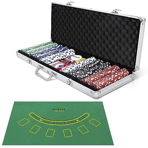 DREAMADE Ultimate Pokerset mit 500 Chips/ 2 Poker Set/ 5 Würfel/Koffer/Spieltuch/ 5 Dealer Buttons, Pokerset Koffer Profi für Pokerspiel (Silber) von DREAMADE